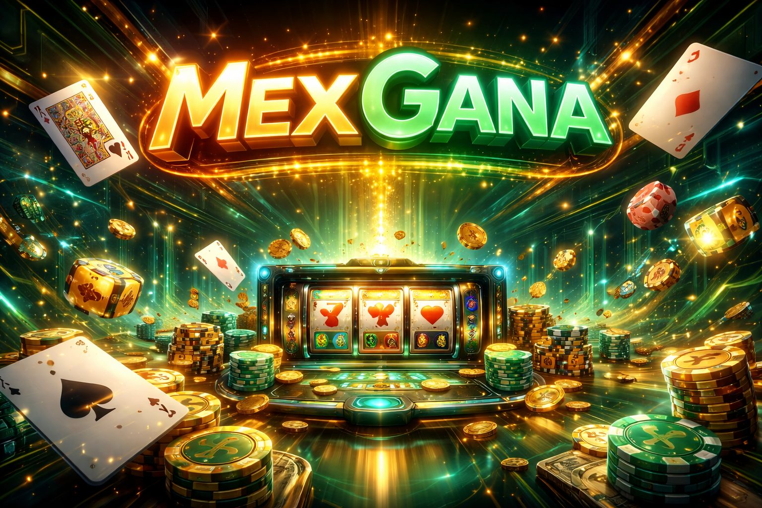 Una exhibición dinámica de juegos MexGana con fichas brillantes, cartas, dados y símbolos digitales de tragamonedas en movimiento.