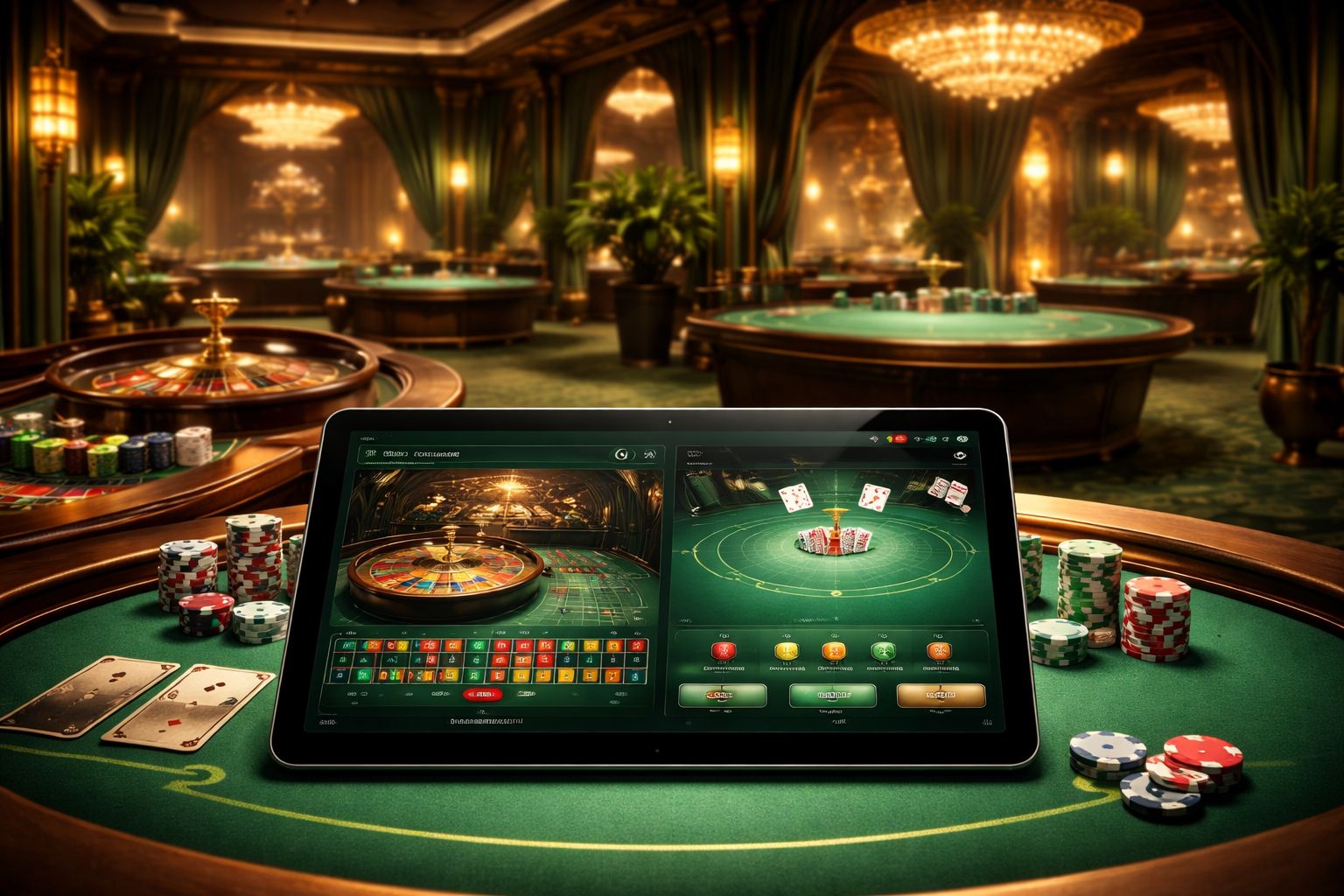 Una elegante configuración de casino en vivo mostrando a un jugador usando una tableta mientras se transmite un estudio de ruleta y blackjack en el fondo.