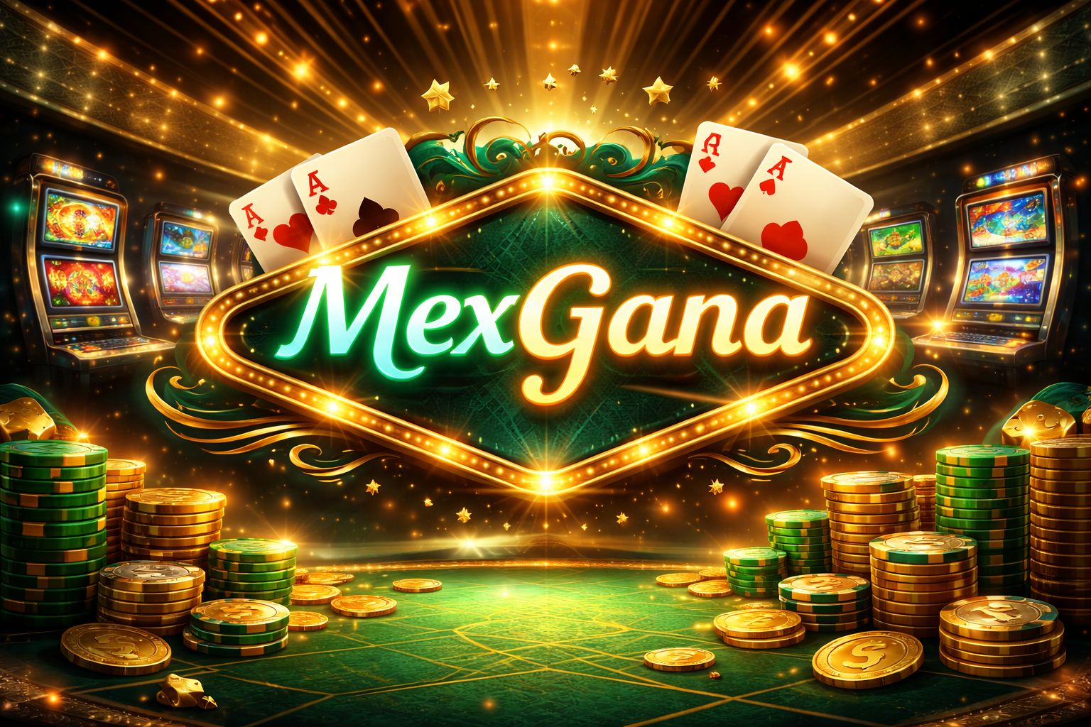 Una vibrante escena digital de casino con MexGana mostrado en un letrero brillante, rodeado de fichas, cartas y luz dorada.
