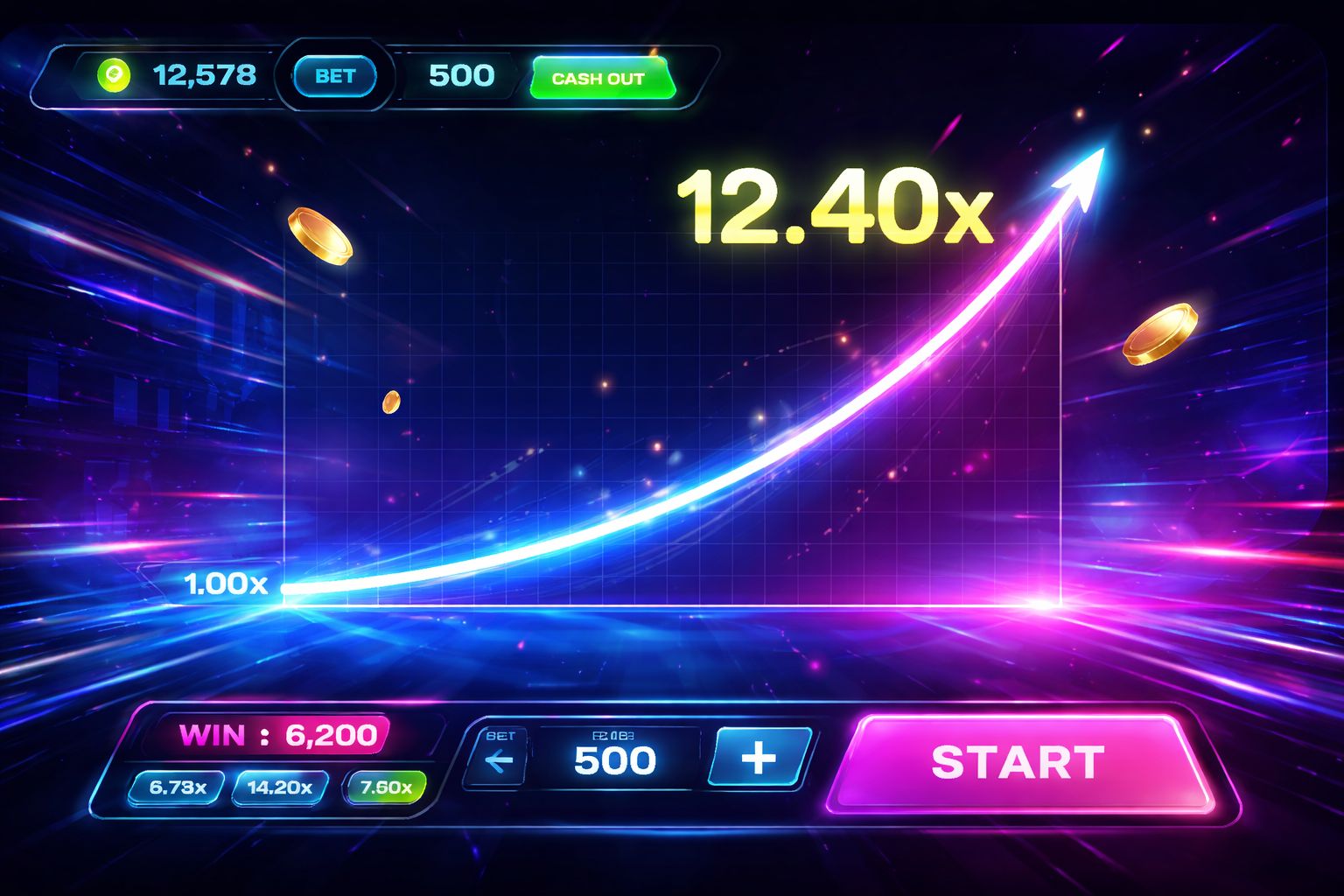 Un tablero de juego estilo crash de alta energía en MexGana mostrando un multiplicador ascendente y visuales neón dramáticos.