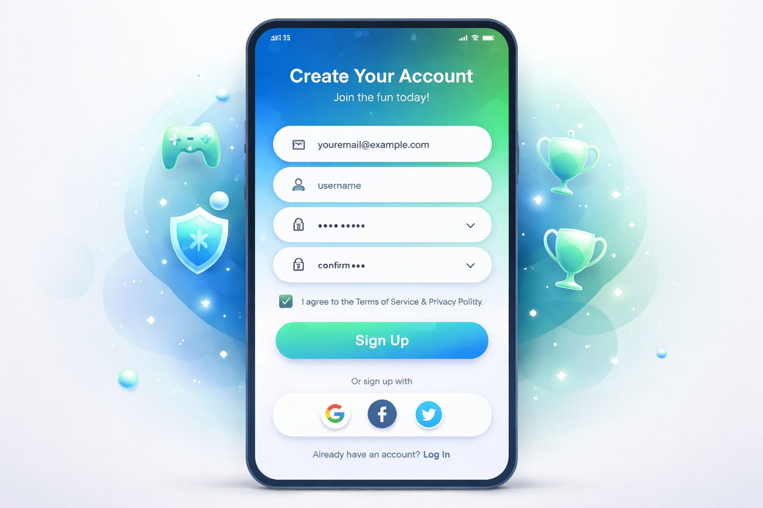 Pantalla elegante de registro en smartphone para MexGana con un flujo de inscripción seguro e interfaz de juego colorida.